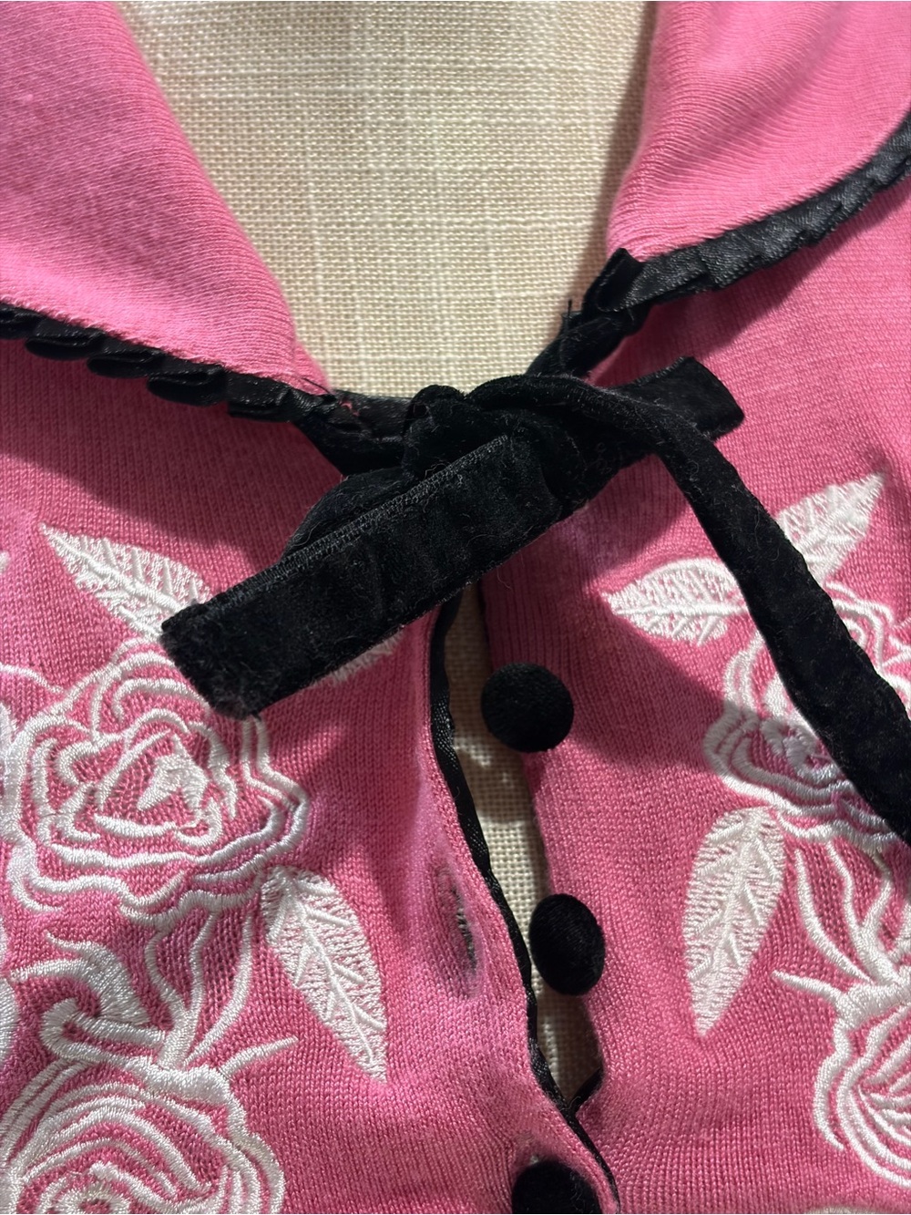 Embroidered Rose Button-Up Cardigan - Coral with Black Trim - Picture 3 of 14
